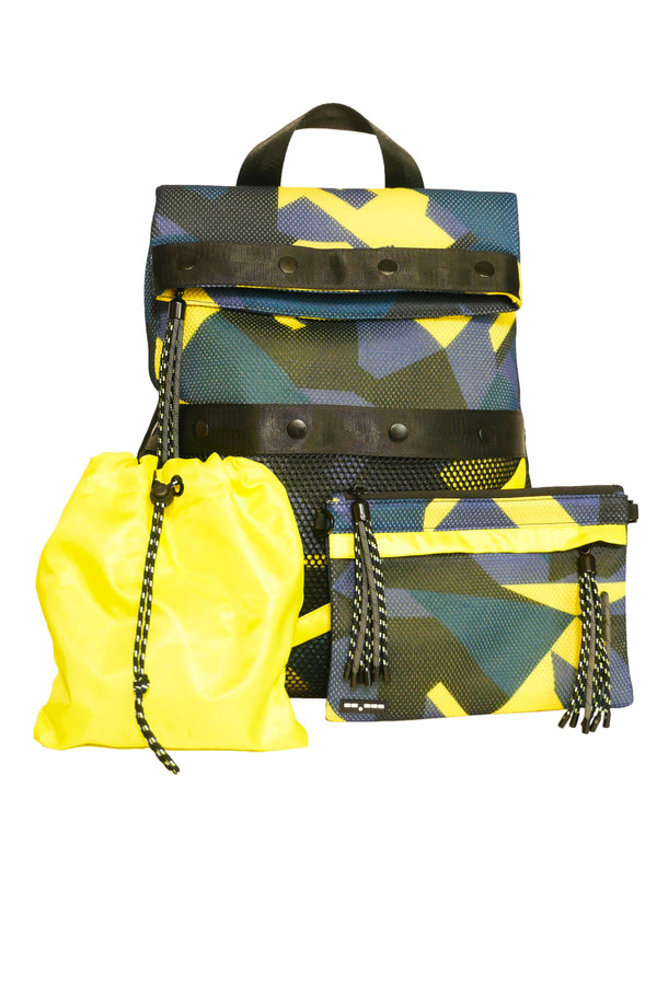 Dashpack Backpack with included Laundry Bag and Snap-out Crossbody Clutch - Navy Blue and Yellow Camo - from Go Dash Dot