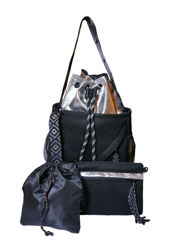 The Go Dash Dot Bucket Tote Bag in Black and Silver - With Laundry Pouch and Removable Crossbody Bag