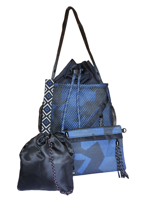 The Go Dash Dot Bucket Tote Bag in Navy Blue Camo - With Laundry Pouch and Removable Crossbody/Clutch